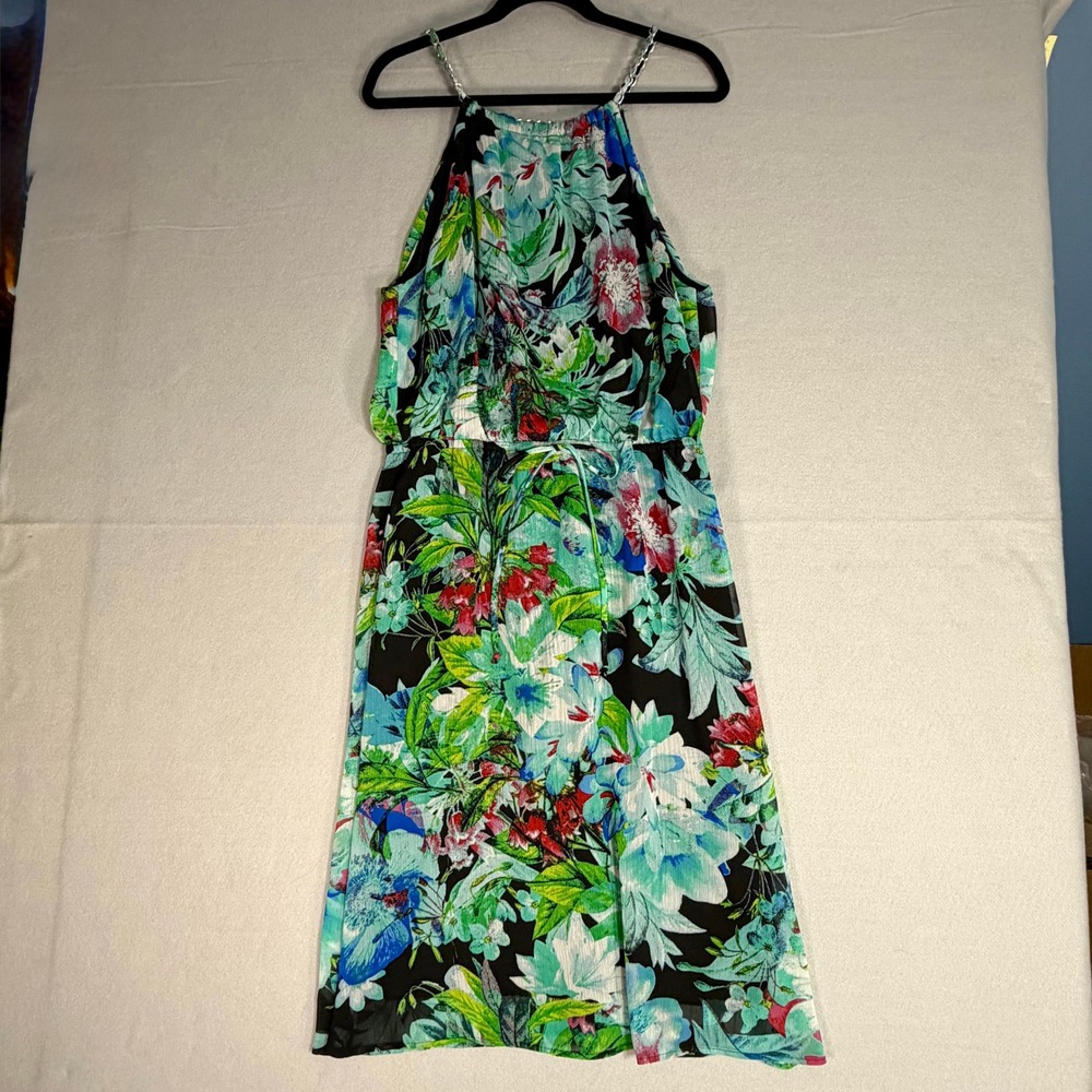 Connected Apparel Halter Midi Sundress 12 Floral Chain Straps Tropical Chiffon